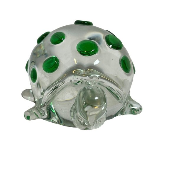 Vintage Art Glass Turtle Crystal Green Dot Large Figurine Paperweight - Picture 3 of 8